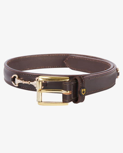 Equestro Leather Belt With Snaffle Bits And Rhinestones Brown Gold | Equiflair