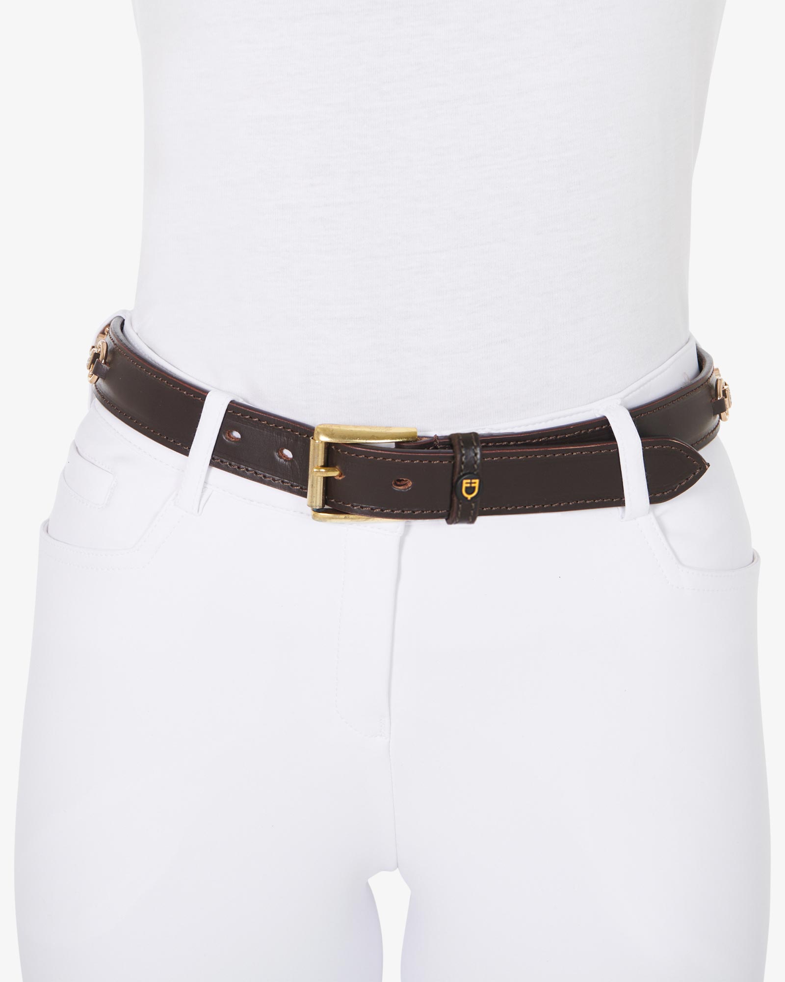 Equestro Leather Belt With Snaffle Bits And Rhinestones Brown Gold