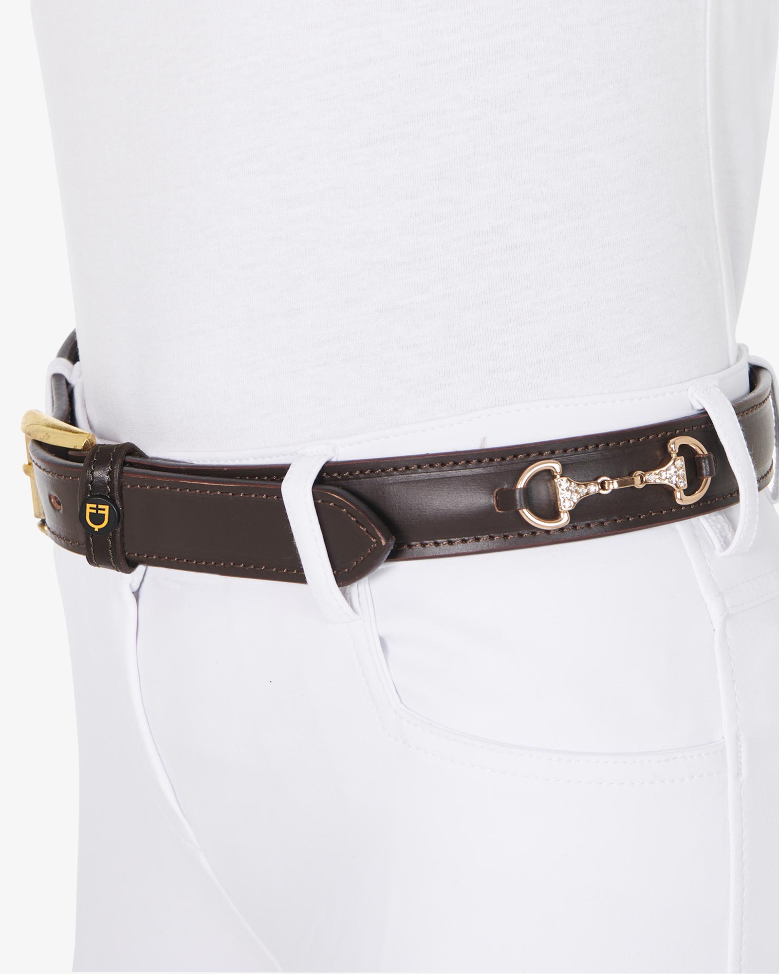 Equestro Leather Belt With Snaffle Bits And Rhinestones Brown Gold | Equiflair