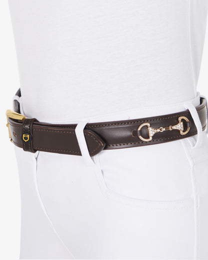 Equestro Leather Belt With Snaffle Bits And Rhinestones Brown Gold | Equiflair