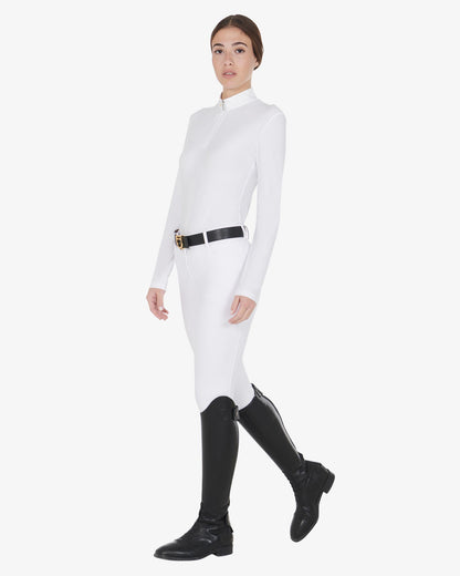 Equestro Women's Long Sleeved Polo Shirt In Technical Fleece Fabric White