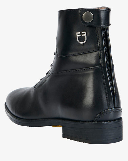Equestro Vesuna Black Leather Ankle Boots: Unisex Riding Boots with Back Zip & Lace-Up Design