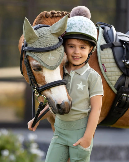 LeMieux Mini Fly Hood Fern on Pony with Child Rider. Equestrian Style & Comfort for Ponies, Equiflair.