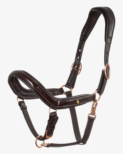 Equestro Polished Leather Halter With Rose Gold Buckles Dark Brown | Equiflair