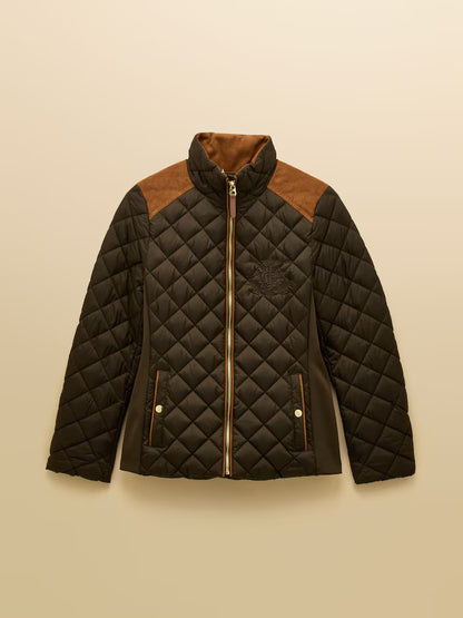 Joules Braemar Luxe Khaki Green Showerproof Diamond Quilted Coat