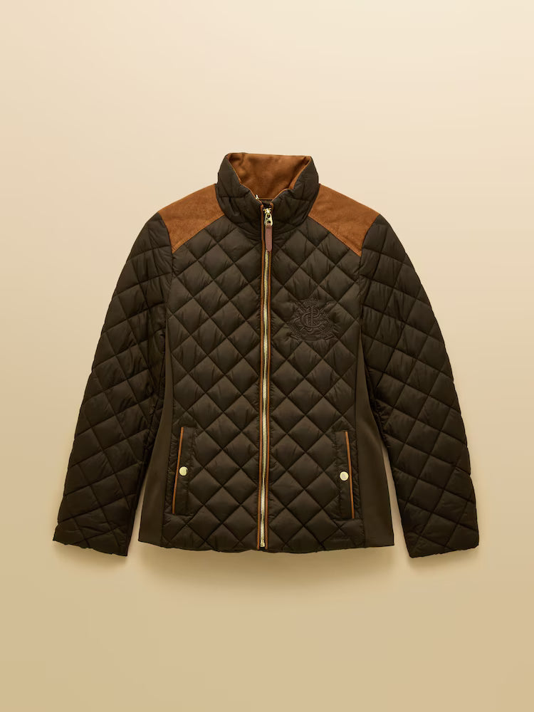 Joules Braemar Luxe Khaki Green Showerproof Diamond Quilted Coat