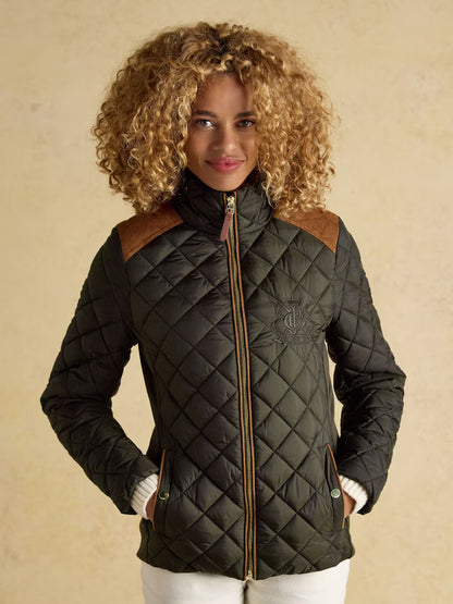Joules Braemar Luxe Khaki Green Showerproof Diamond Quilted Coat - Jackets & Coats location-109746323830-outofstock…
