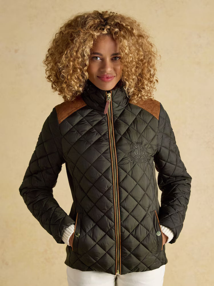Joules Braemar Luxe Khaki Green Showerproof Diamond Quilted Coat