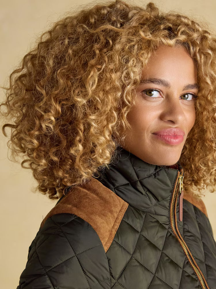 Joules Braemar Luxe Khaki Green Showerproof Diamond Quilted Coat