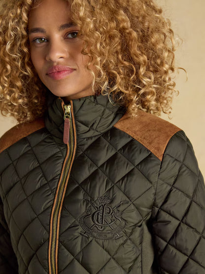 Joules Braemar Luxe Khaki Green Showerproof Diamond Quilted Coat