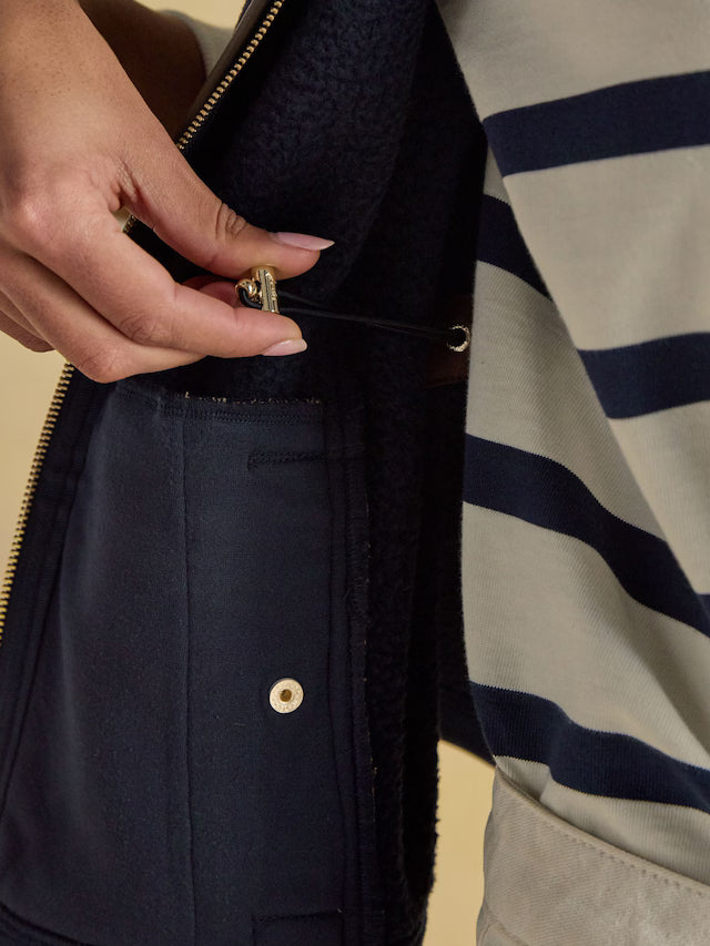 Joules Heritage Navy Fleece Gilet: Women's Classic Fit with Faux Leather Trim, Popper Pockets - Layering Essential