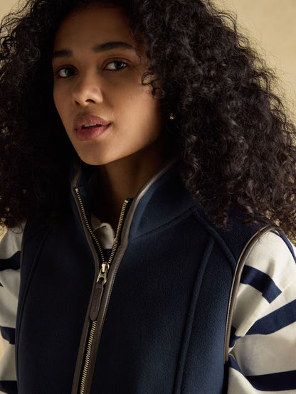 Joules Heritage Navy Fleece Gilet: Stylish Women's Vest with Faux Leather Trim