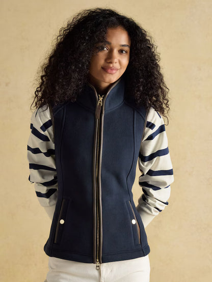 Joules Heritage Navy Fleece Gilet - Women's Country Style Vest with Faux Leather Trim