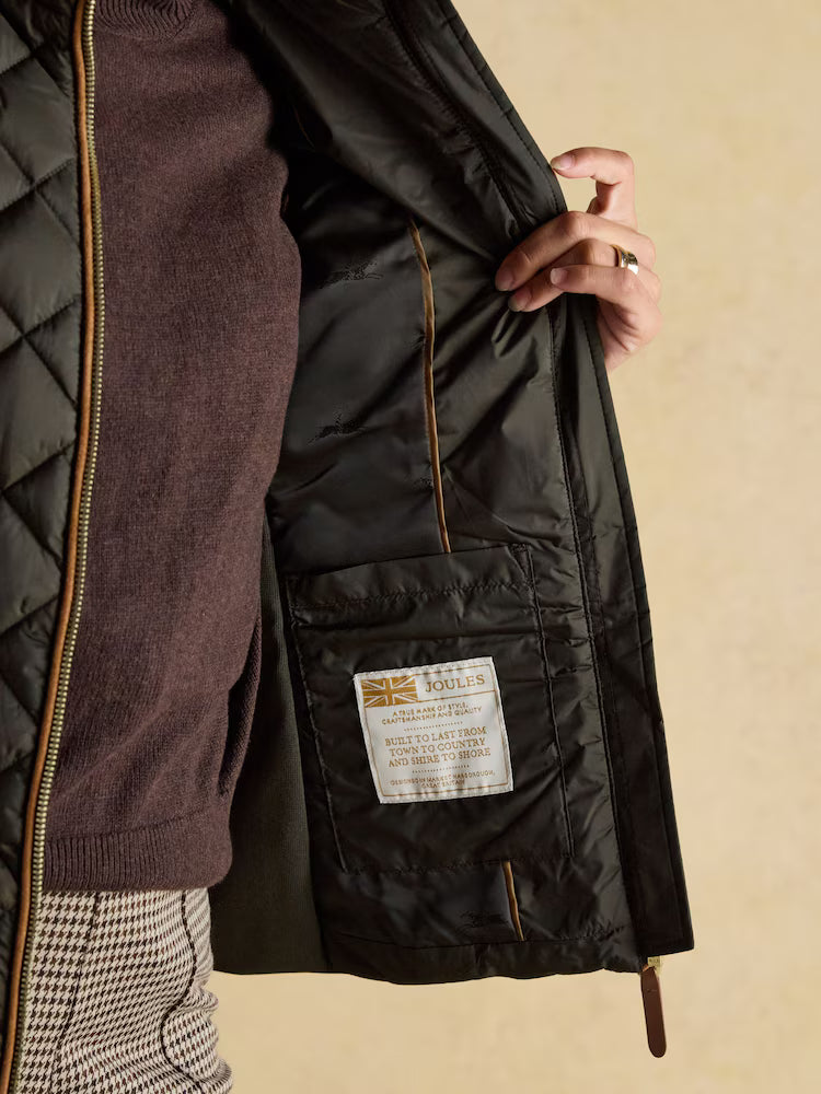 Joules Braemar Luxe Khaki Green Showerproof Diamond Quilted Gilet