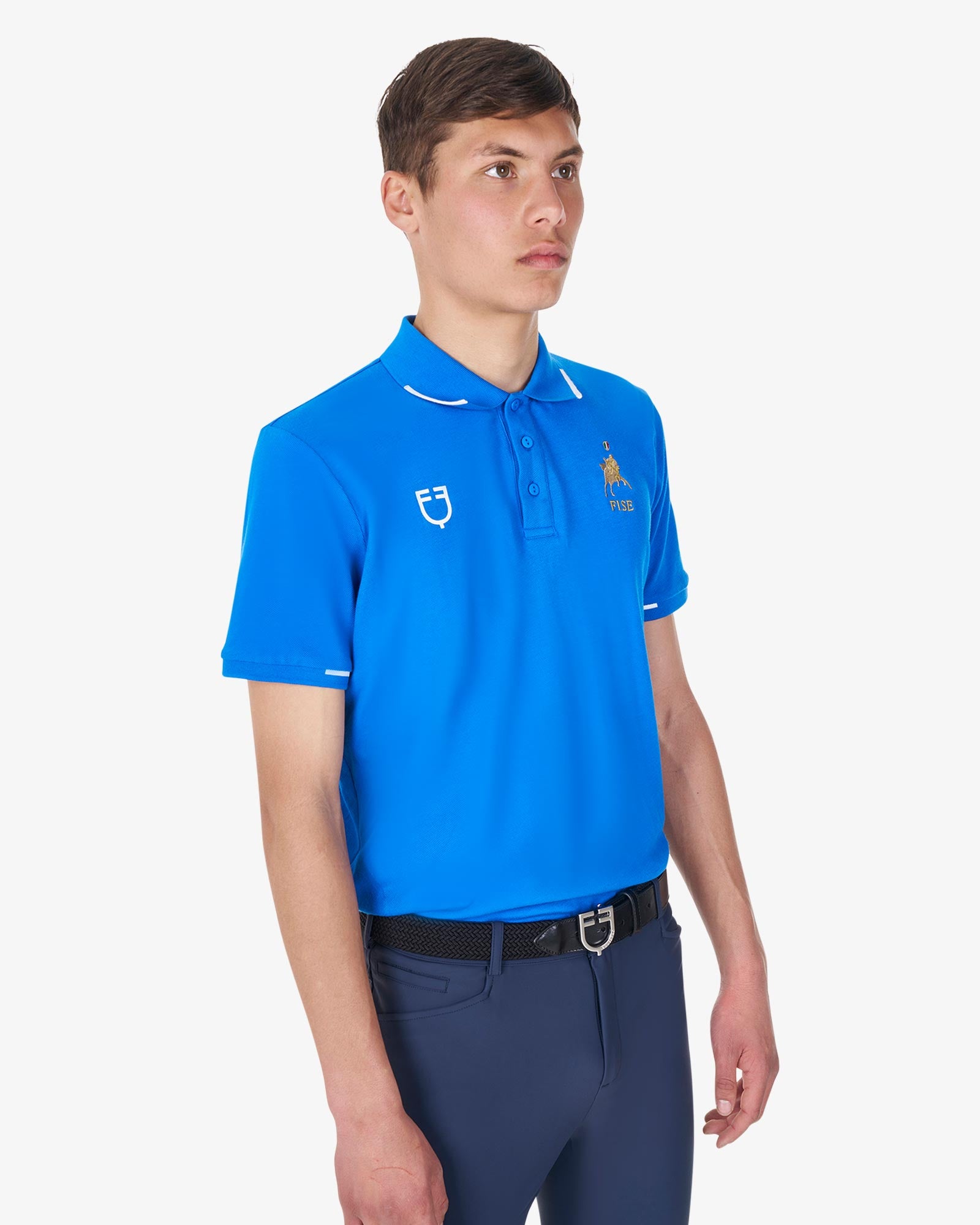 Equestro Men's Three Button Training Polo Shirt Equestro X Fise Azzurro Savoia
