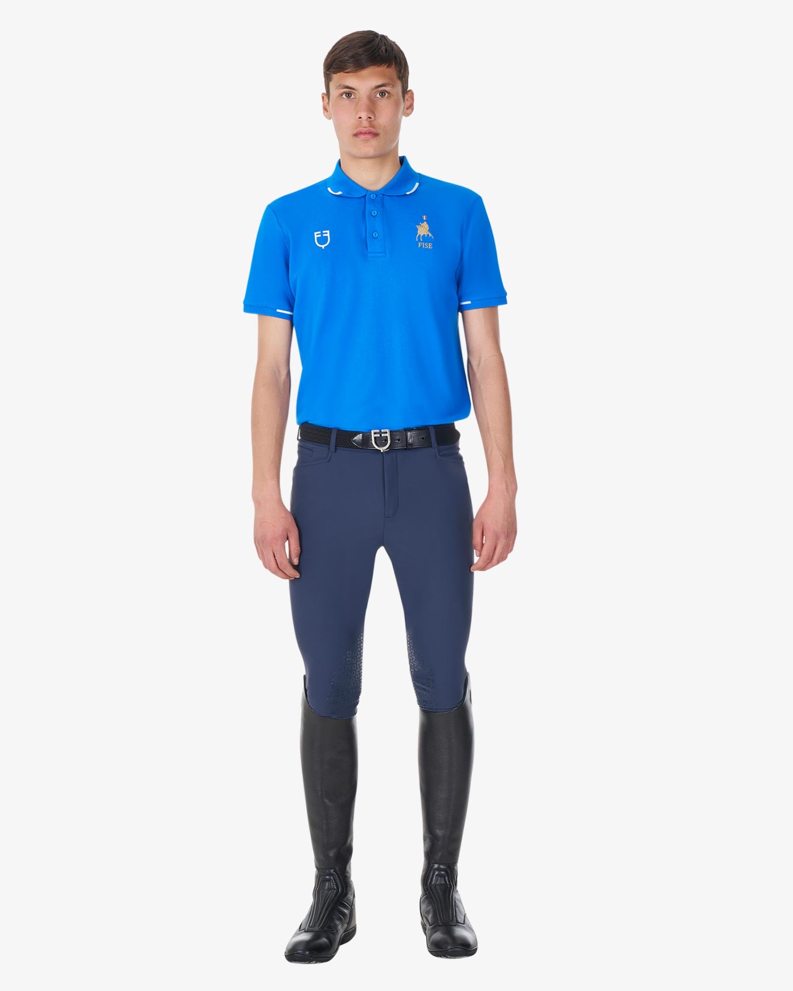 Equestro Men's Three Button Training Polo Shirt Equestro X Fise Azzurro Savoia