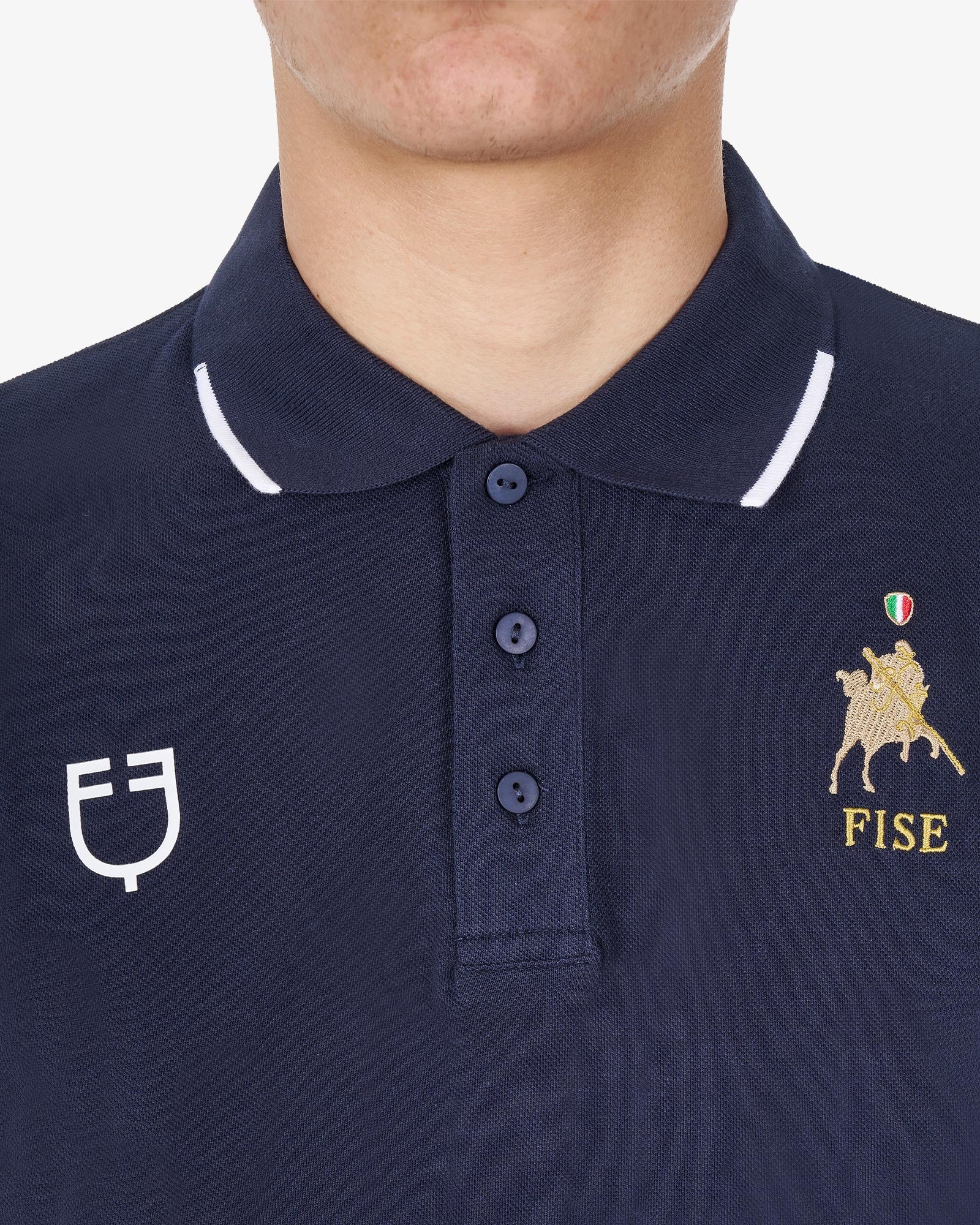 Equestro Men's Three Button Training Polo Shirt Equestro X Fise Navy Blazer | Equiflair