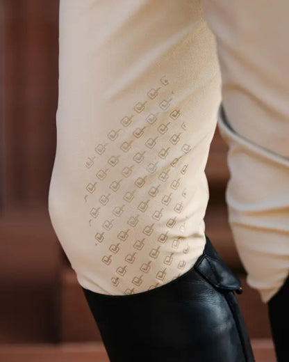 LE MIEUX Men's Elite Classic Pleated Breeches, Beige Riding Pants with Printed Pattern - Equestrian Apparel