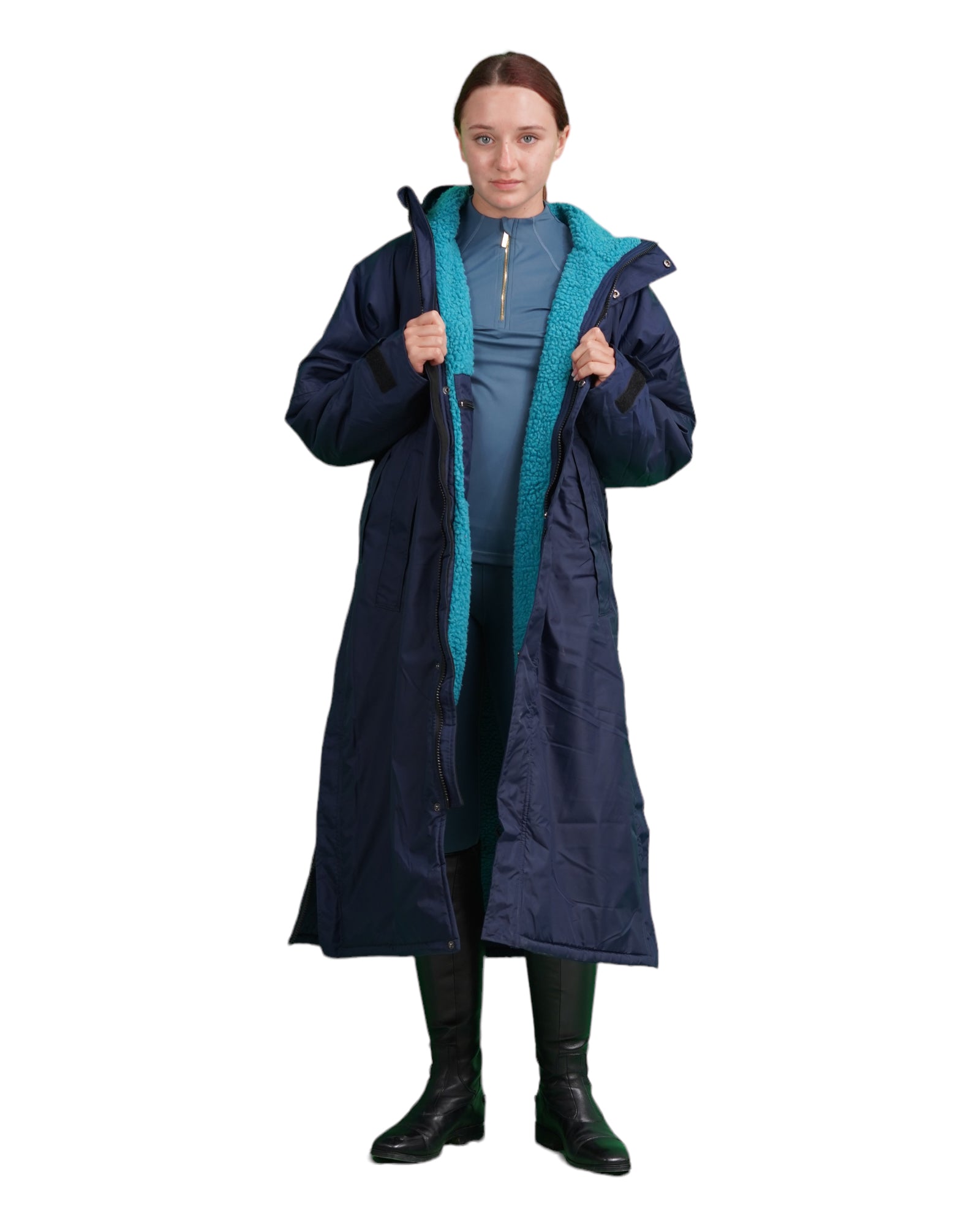 EQUIDRY women's long waterproof horse riding coat in Navy/Turquoise studio coat open inner lining 