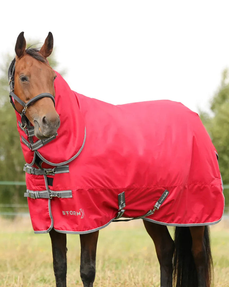Red STORMX Empra 300 Combi Turnout Rug for Horses: Waterproof, Neck Cover, Warm Winter Horse Blanket