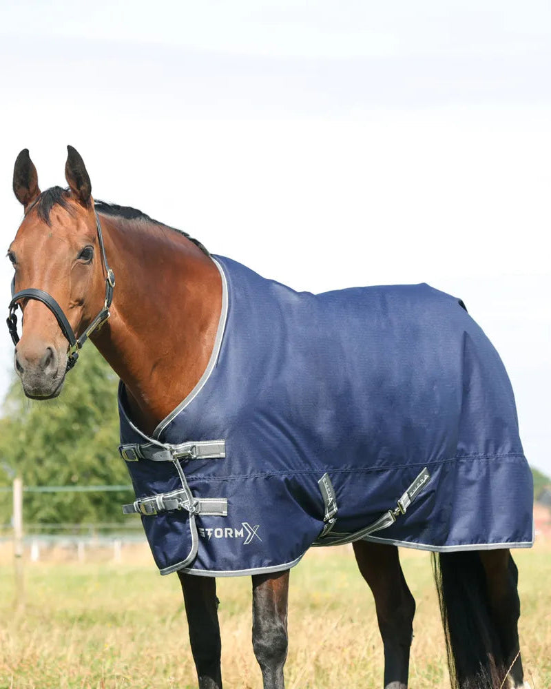 STORMX Empra 100 Turnout Rug - Navy. Horse wearing waterproof equine rug, ideal for cooler days. Horse rug by Equiflair.