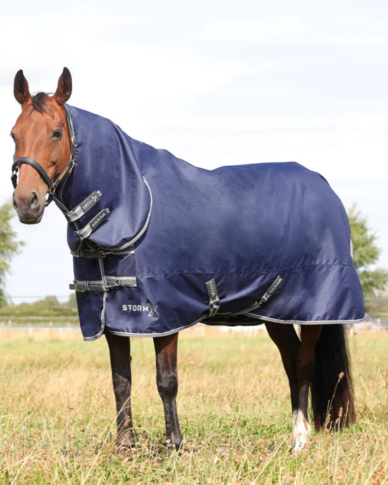 StormX Empra 100g Horse Turnout Rug - Navy with Integrated Neck Cover, Waterproof Horse Blanket
