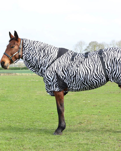 Horse wearing zebra print fly rug with UV protection. StormX Original Sweet Itch Zebra Rug for insect and sun protection.…