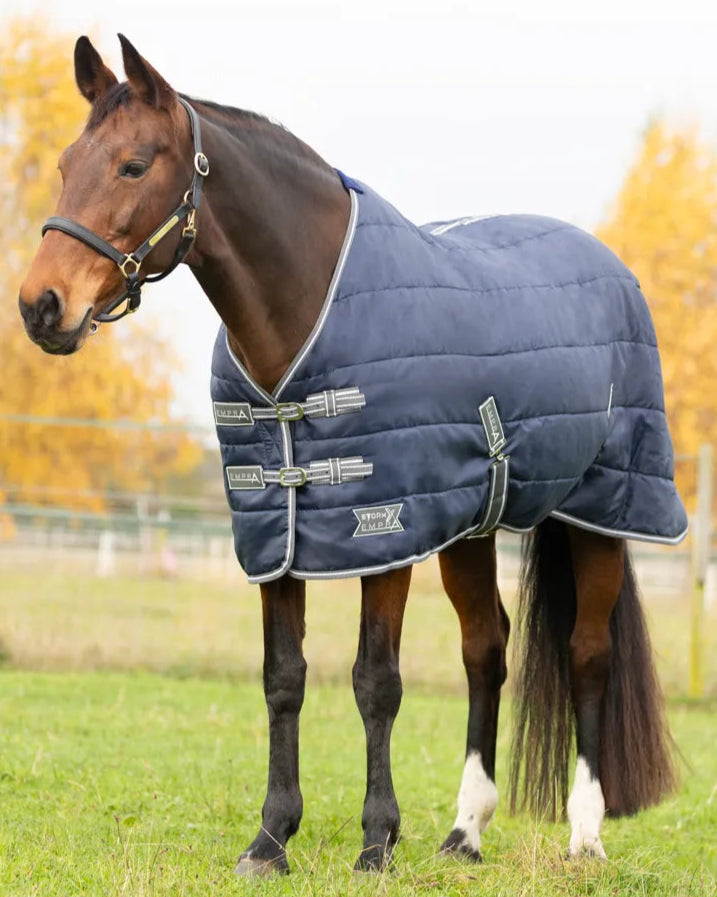 Horse wearing StormX Empra Navy Stable Rug 100g. Equestrian bedding for horses. Equiflair