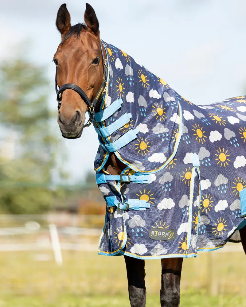 STORMX Original Come Rain or Shine Fly Rug - Navy Blue Yellow. Horse wearing fly rug with sun, cloud and rain pattern.