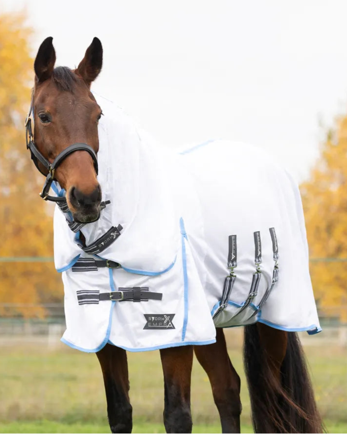 STORMX EMPRA Gladiator Horse Fly Rug - UV Protection, White & Blue, Equiflair