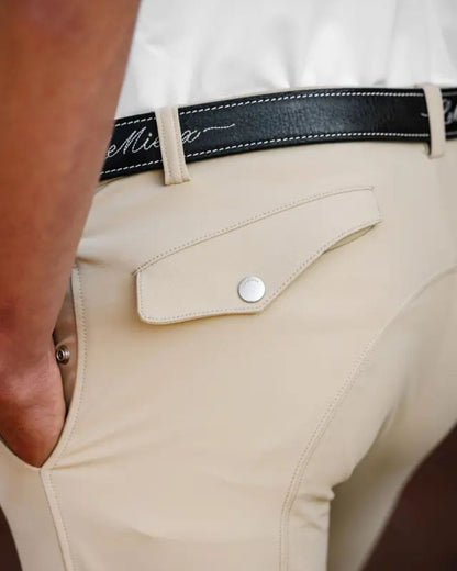 LeMieux Mens Elite Classic Pleated Breeches Beige: Comfortable Riding Pants with Pocket Detail.