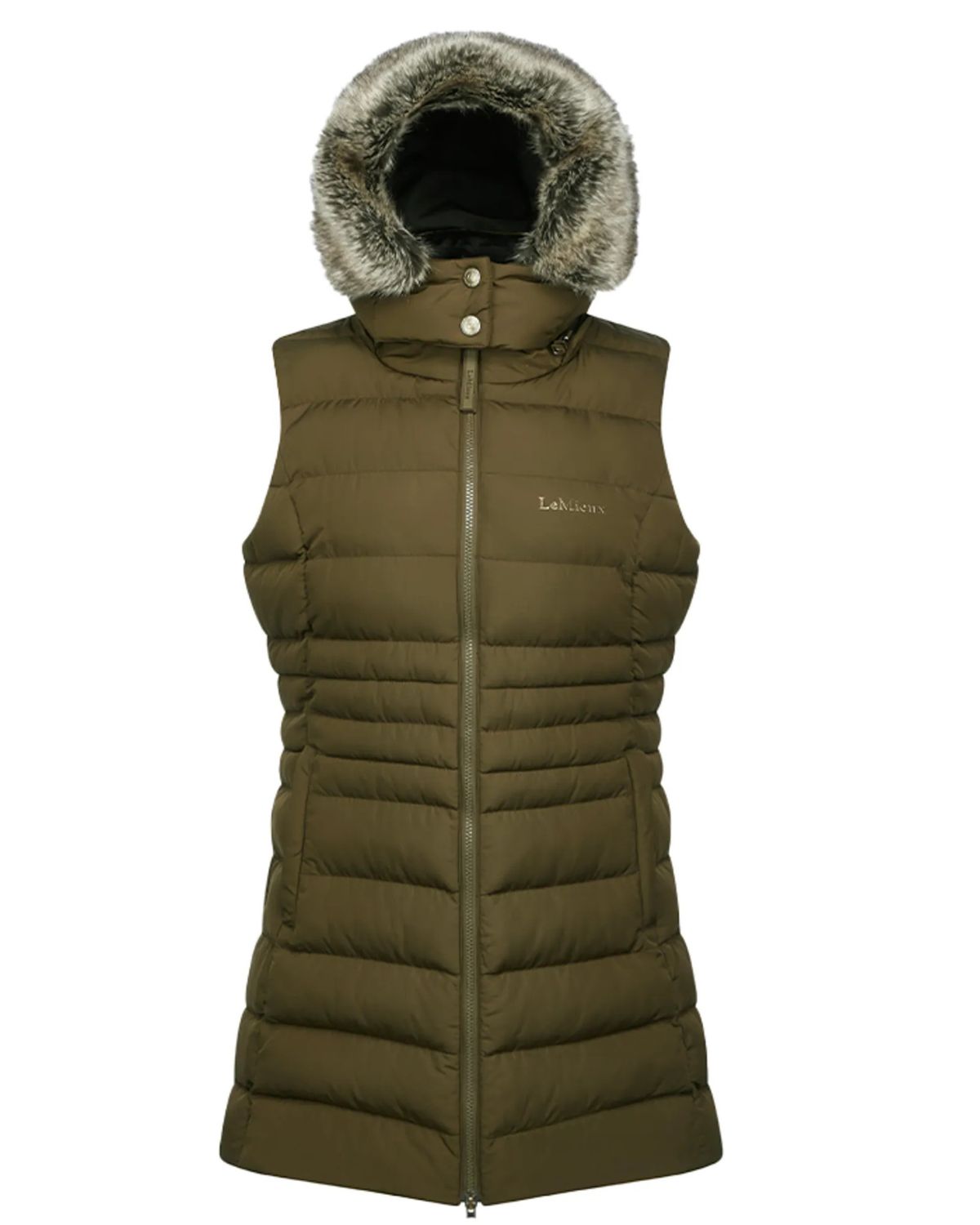 LeMieux Harper Longline Puffer Gilet - Olive Green Vest with Faux Fur Hood - Women's Outerwear