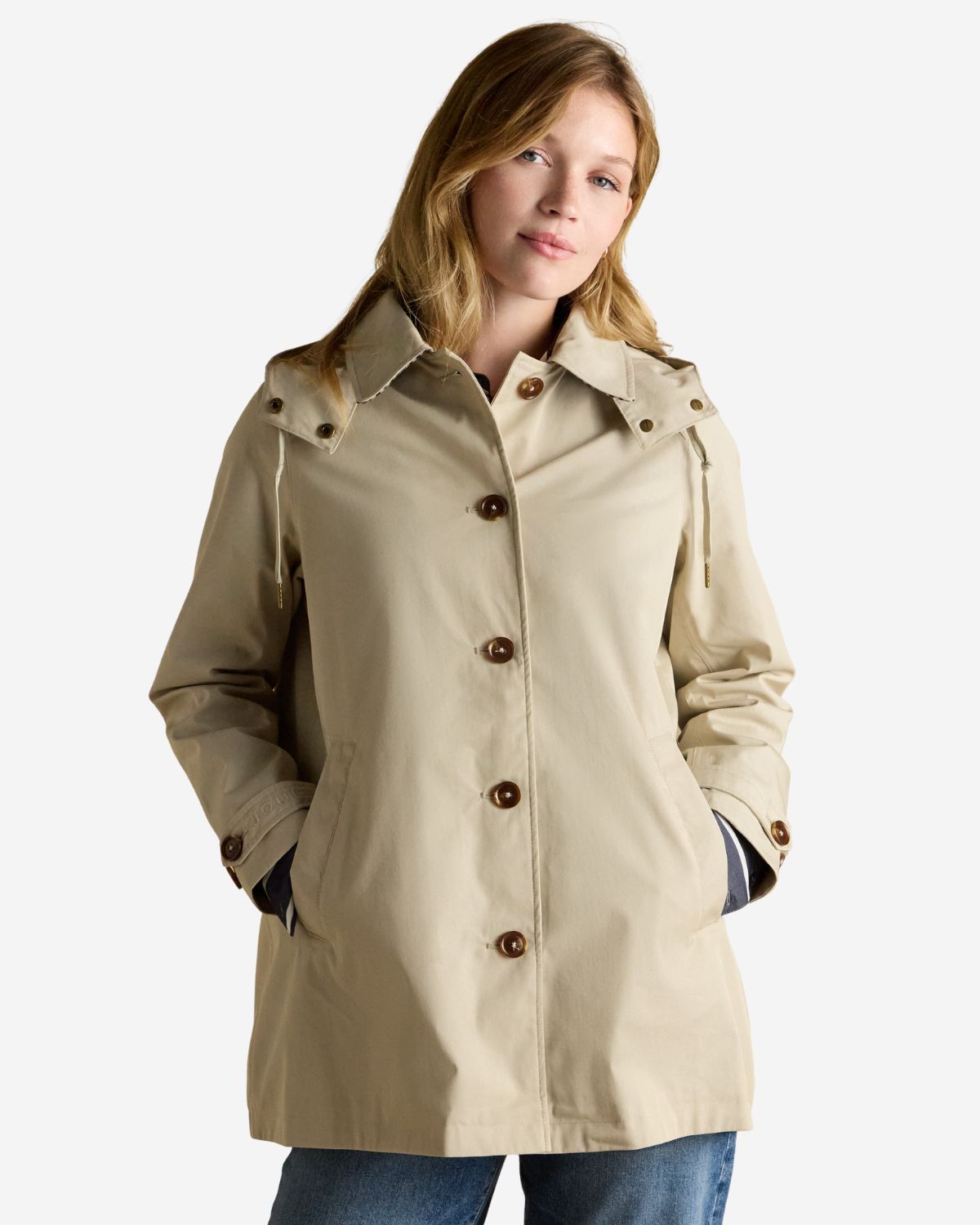 Joules Rainmore Women's Raincoat: Beige Waterproof Hooded Button-Through Trench Coat