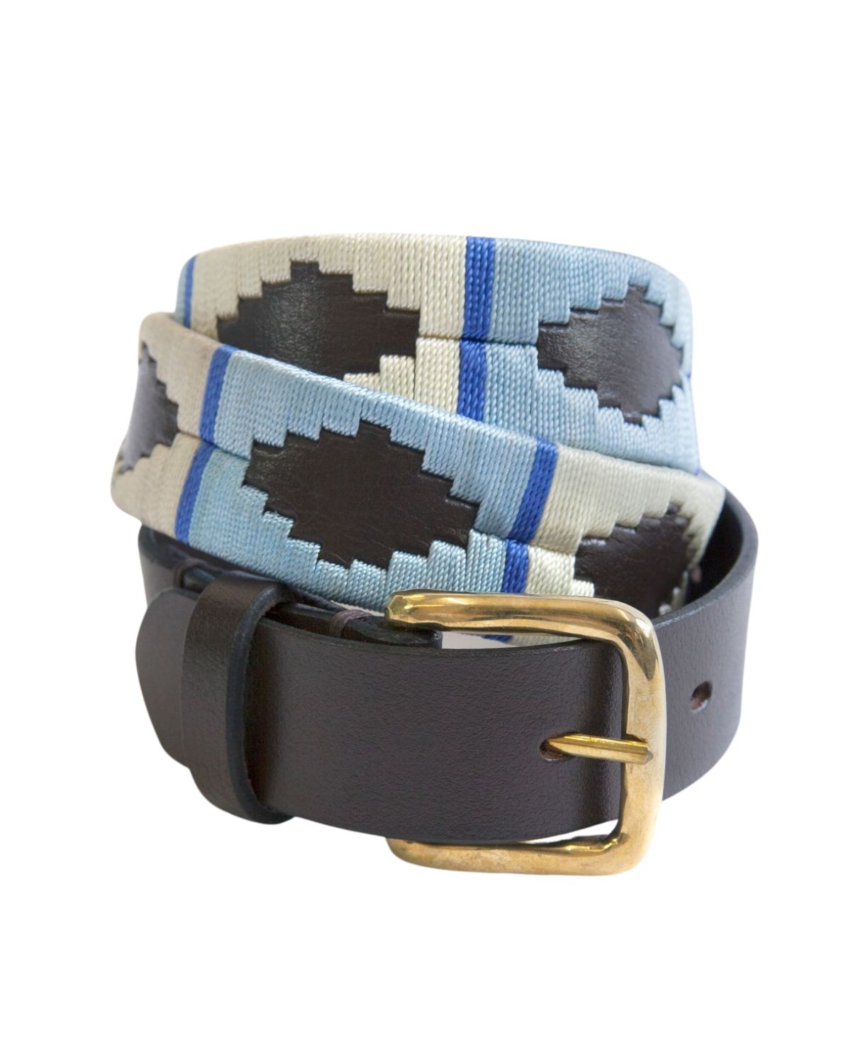Equiflair KM Elite Ice Cool Polo Belt: Leather belt with blue, cream, and brown geometric design.