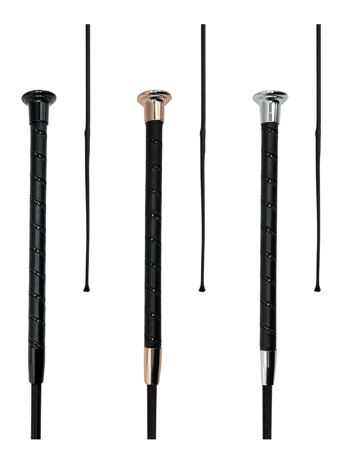 KM Elite Dressage Whip Collection: Black Crystal Spiral, Elegant Riding Crop for Dressage Training, Metallic Cap Options.