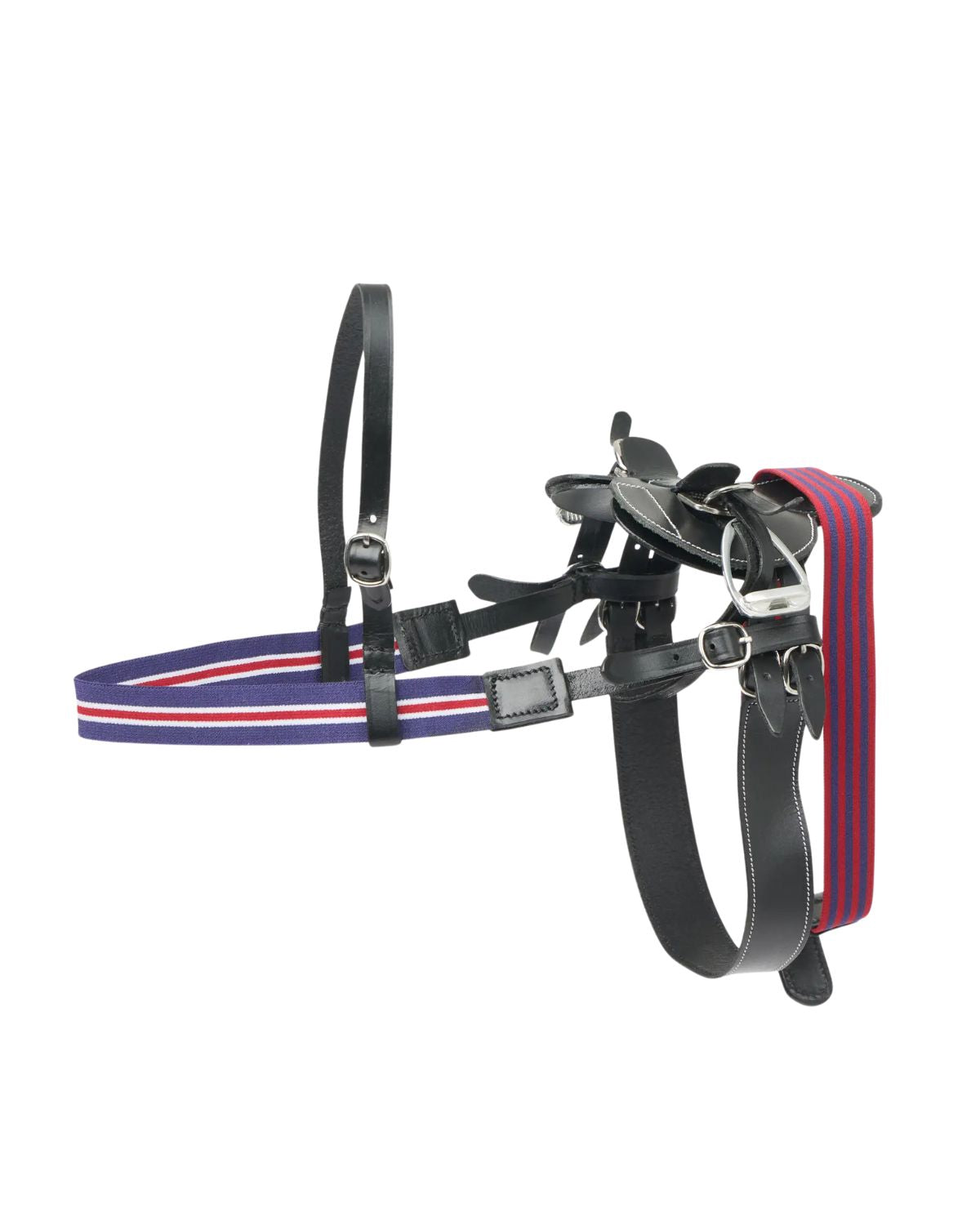 Lemieux Toy Pony Racing Saddle Set Black: Miniature black leather saddle with striped breastplate for toy ponies, ages 8+.