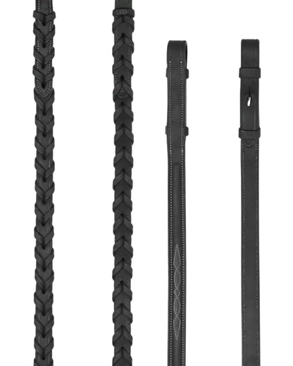 Black Leather Hunter Laced Reins with Stitching - Equestrian Horse Riding Tack