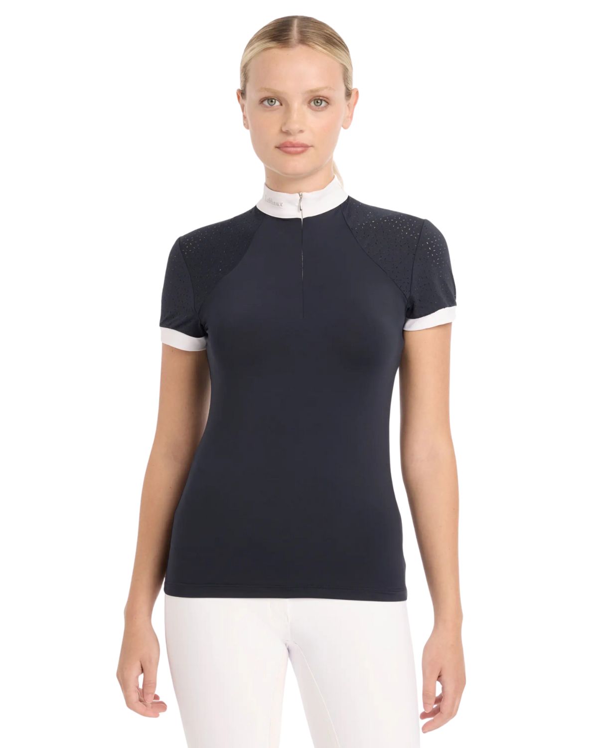 LEMIEUX OLIVIA Navy Show Shirt | Equiflair: Short Sleeve, Lace Detail, Performance Fabric, Equestrian Apparel