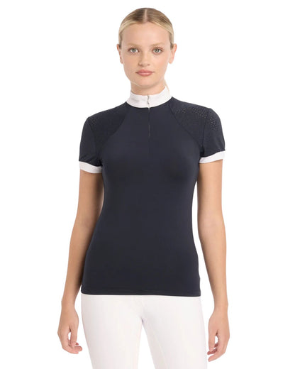 LEMIEUX OLIVIA Navy Show Shirt | Equiflair: Short Sleeve, Lace Detail, Performance Fabric, Equestrian Apparel