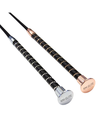 KM Elite Dressage Whips: Black Grip, Crystal Spiral, Rose Gold & Silver, Equiflair