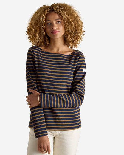 Joules Harbour Navy & Tan Boat Neck Long Sleeve Breton Stripe Top