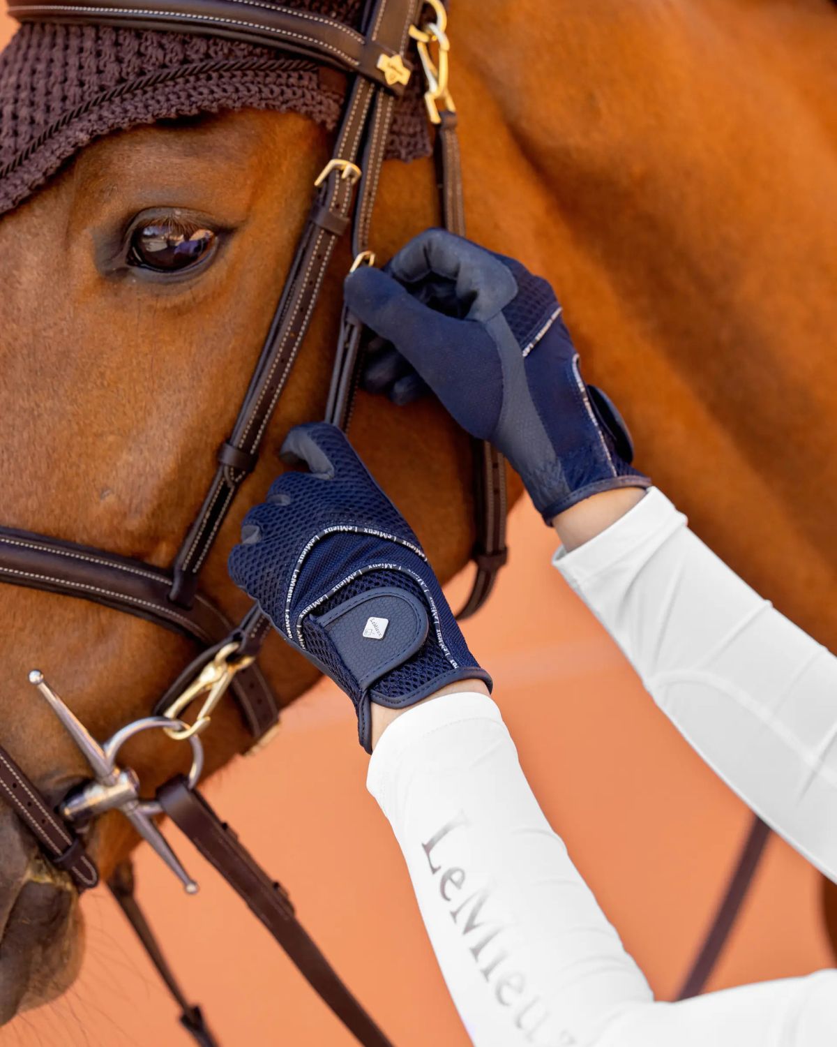Lemieux 3D Mesh Riding Gloves Navy on horse - Equestrian gear for comfortable grip and touch screen compatibility