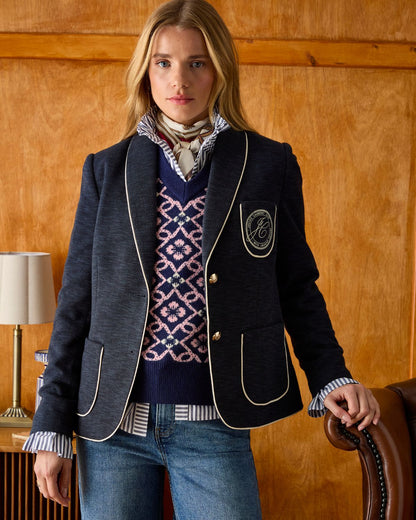 JOULES HARTLEY Navy Shawl Collar Blazer. Equiflair.