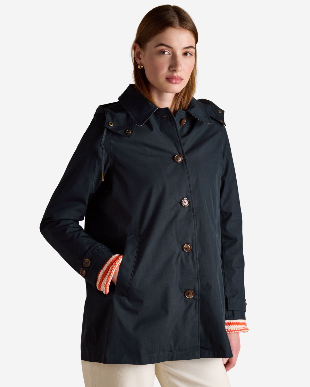 Joules Rainmore Navy Waterproof Raincoat: Stylish Women's Button Through Coat with Hood - Classic Outdoor Fashion