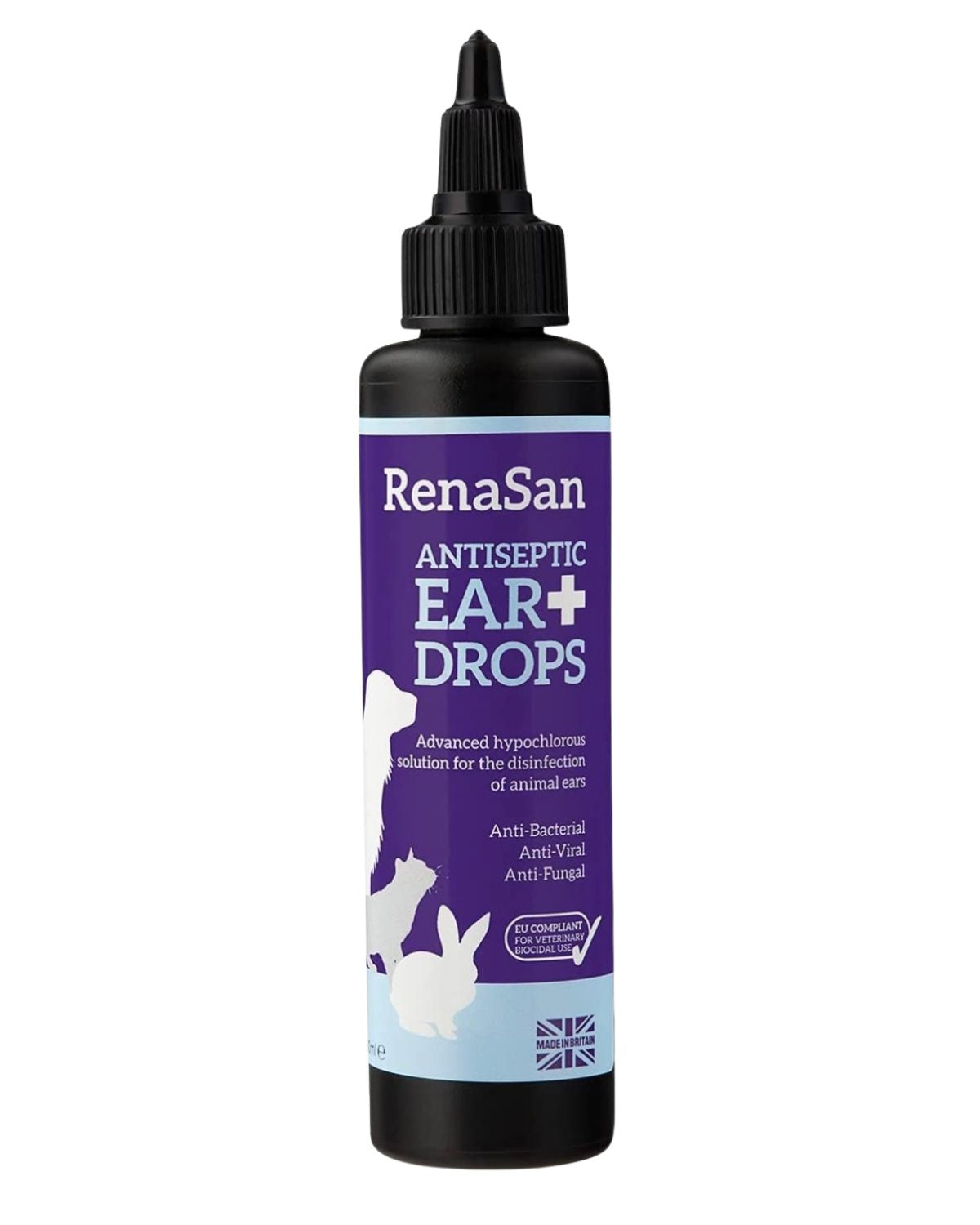 RenaSan Antiseptic Ear Drops for Pets - Hypochlorous Acid, Antibacterial, Antiviral, Antifungal. Made in UK, Vet Approved.