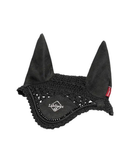 LEMIEUX Hobby Horse Fly Hood Black: Miniature horse accessory with crochet, suede ears, and braided trim.