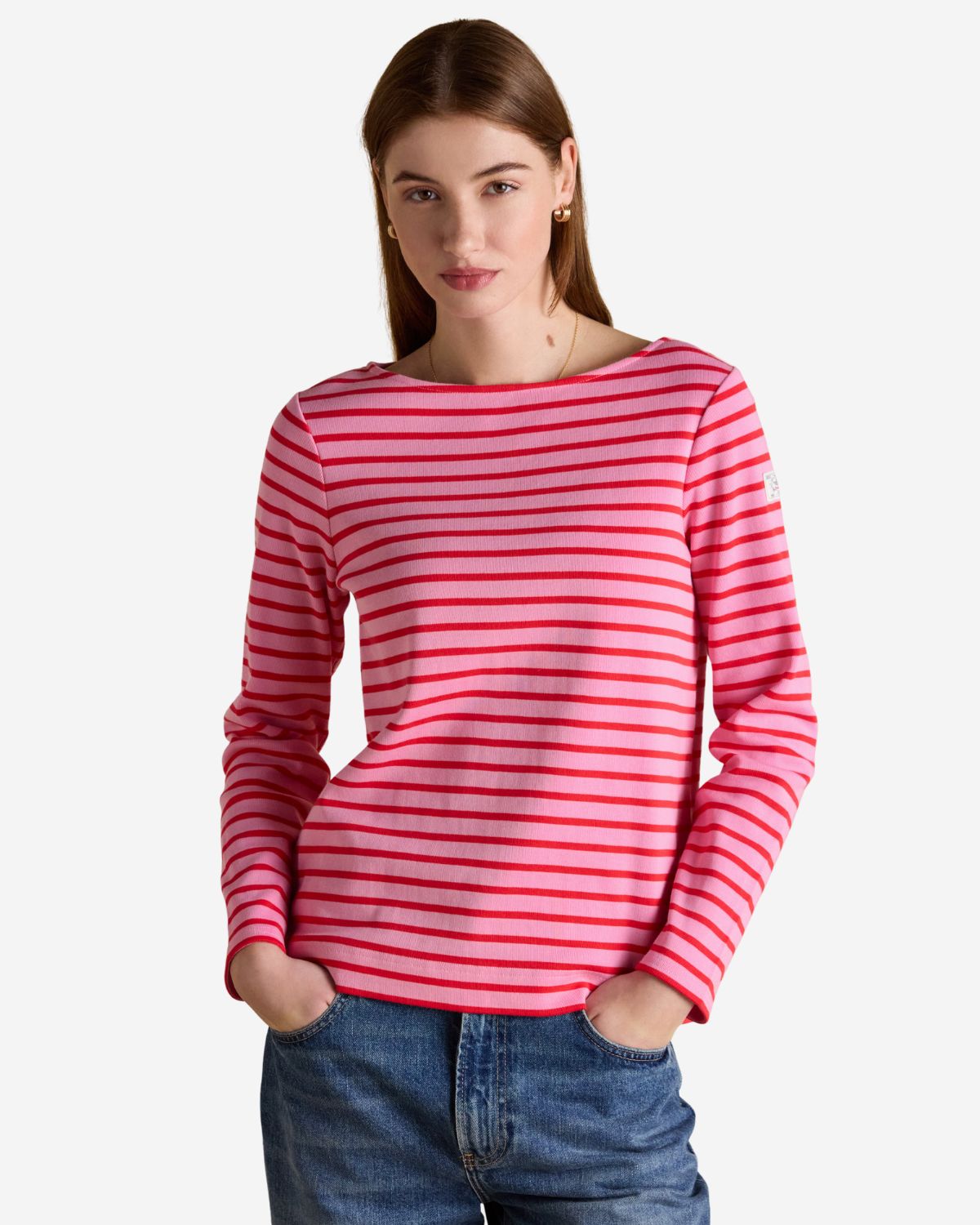 Joules Harbour Pink & Red Striped Boat Neck Long Sleeve Breton Top