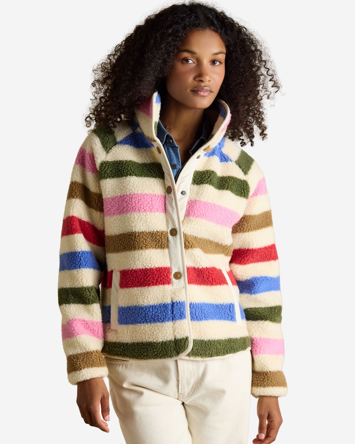 Joules Cream Multi Bright Striped Borg Fleece Jacket