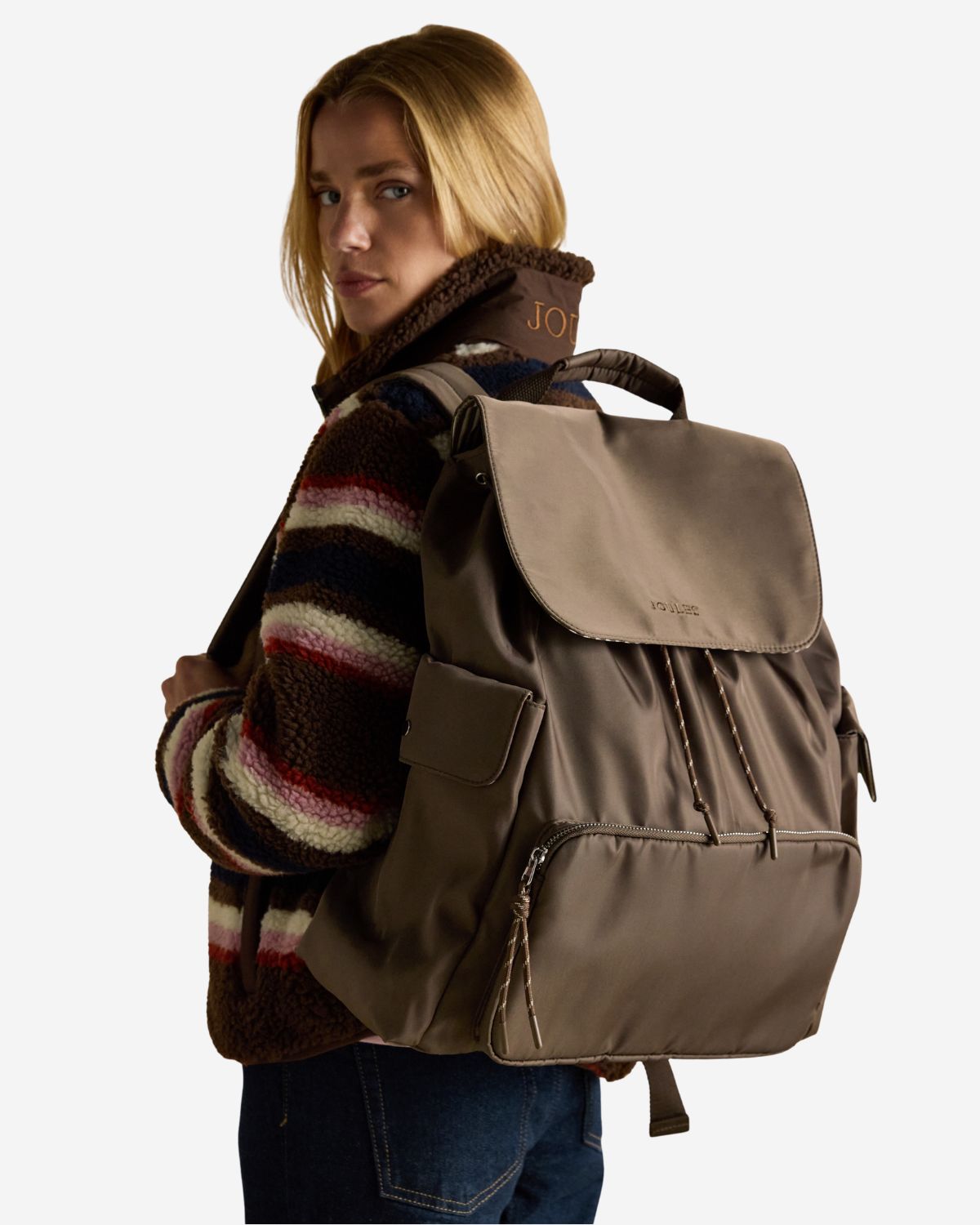 Joules Cambeck Mocha Rucksack - Stylish backpack for women with quilted back panel, adjustable straps, and multiple pockets.