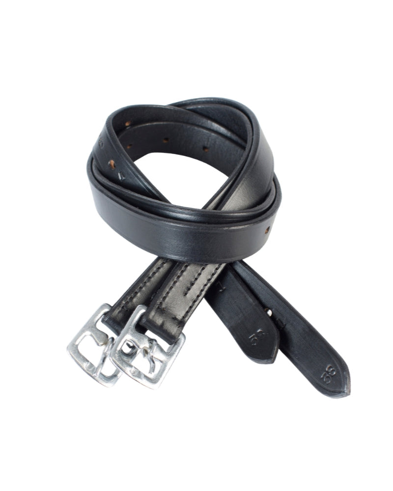 CAMEO STIRRUP LEATHERS by Equiflair: Black leather stirrup leathers with stainless steel buckles for horse riding equipment.